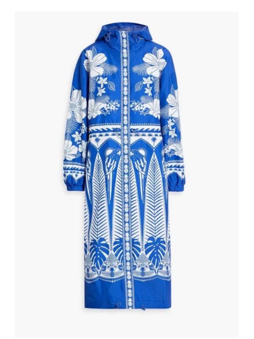 Blue & White Tropical Long Hooded Raincoat